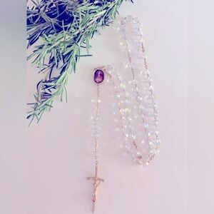 Vintage Rosary Aurora Borealis crystals, crucifix, Mary & Jesus 26”, 8” drop